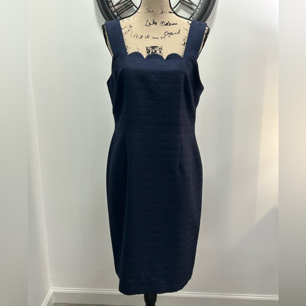 Preston & York navy blue scalloped front & 2” strap sheath dress.